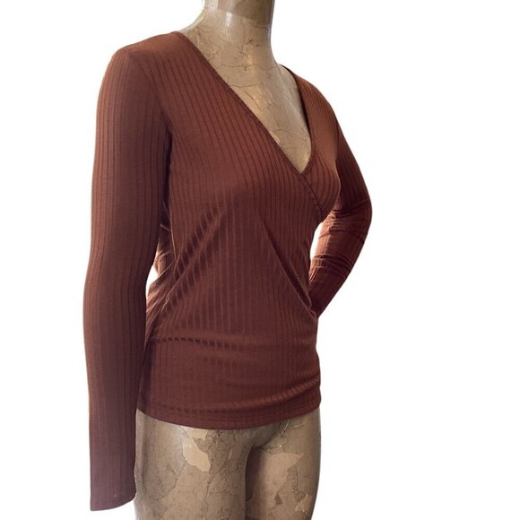 2 V-Neck Long Sleeve Ribbed Knit Tops Sz S:  F21 Tan & Nine West Rust #253N - Picture 6 of 10